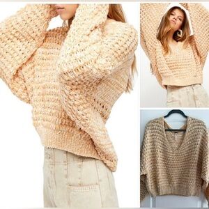 Free People oversized Small Cotton Crotchet Knit V-neck Pullover Sweater